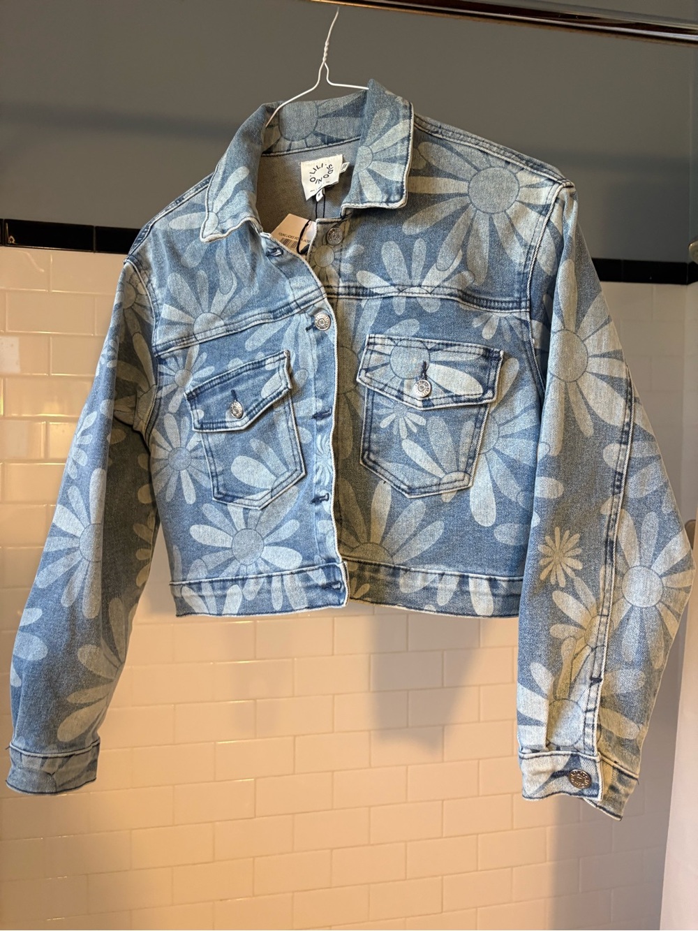 New daisy print cropped jean jacket